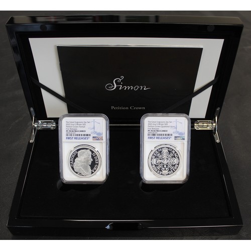 290A - PF70 Ultra Cameo 2023 Great Engravers Petition Crown silver proof 2oz 2-coin set. Featuring the icon... 