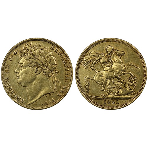 110 - 1821 Sovereign, George IV. A tiny edge bump at 2 o'clock on reverse, multiple knocks to the obverse.... 