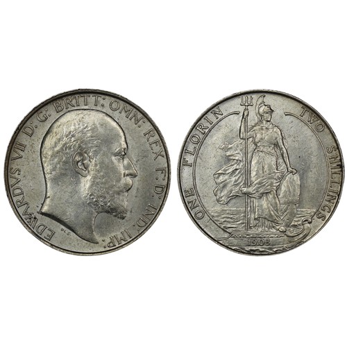 64 - 1903 Florin, Edward VII. Obv. Bare head facing right, Rev. Britannia standing on ship's bow. Cleaned... 