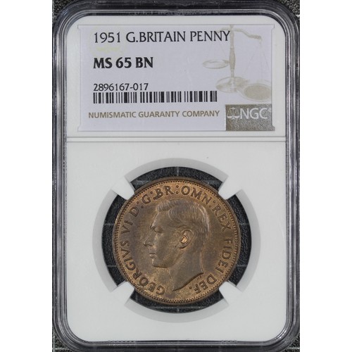 45 - 1951 Penny, NGC MS65BN, George VI. The key series date with a mintage of just 120,000. Scarce in all... 