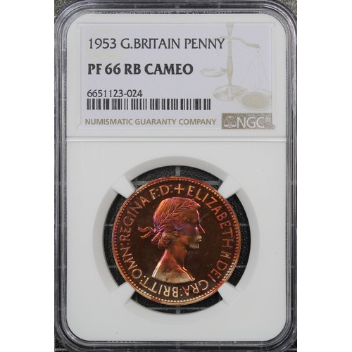 47 - 1953 Proof penny, NGC PF66 RB Cameo, Elizabeth II. A spectacularly toned example with radiant purple... 