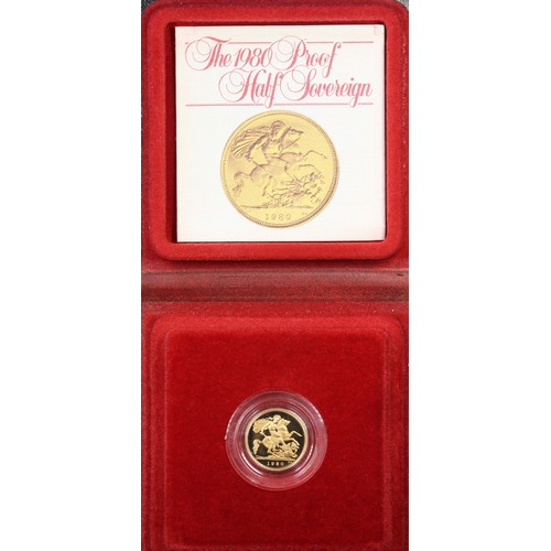 97 - 1980 Proof half sovereign, Elizabeth II. Reverse scratch behind tail of horse, occasional other triv... 