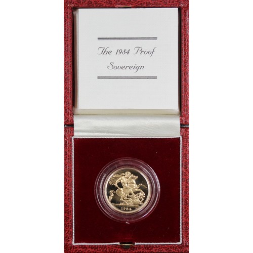 123 - 1984 Proof sovereign, Elizabeth II. Obverse handling and hazing throughout. nFDC/FDC. Cased with COA... 