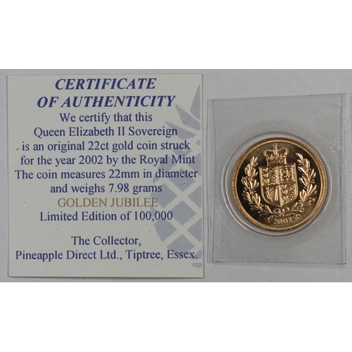 134 - 2002 Sovereign, Elizabeth II. In blister pack with COA and housed in case (this worn). Obverse portr... 