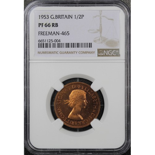 42 - 1953 Proof half penny, NGC PF66 RB, Elizabeth II. Peripherally darker hues drawing the eye centrally... 