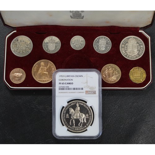 91 - 1953 crown, NGC PF65 Cameo, as part of a complete 1953 coronation proof set with original Royal Mint... 