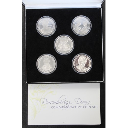 324 - Remembering Diana silver proof 5-coin set. Featuring 5 crown sized issues of UK territories depictin... 