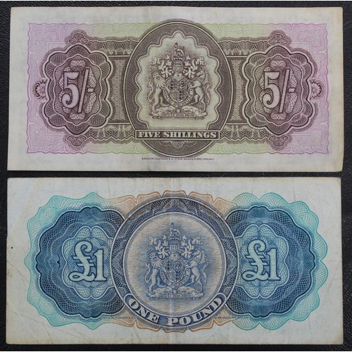 12 - Bermuda 1957 banknotes (2), Elizabeth II. Comprising £1 and 5 shillings issues. Central folds, edges... 