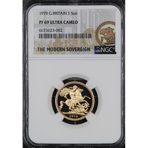 116 - NGC PF69 Ultra Cameo 1979 Proof sovereign, Elizabeth II. Presented in Modern Sovereign holder. A sup... 