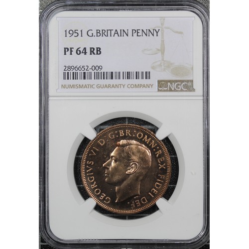 46 - 1951 Penny, NGC PF64RBN, George VI. Attractive brightness, small spot to obverse. UNC with flashy to... 