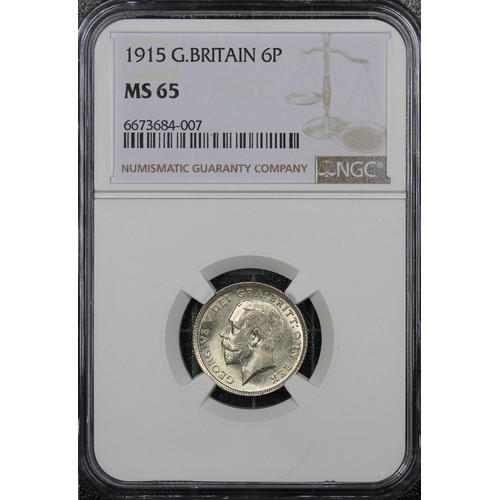 56 - 1915 Sixpence, NGC MS65, George V. Bright, lustrous and highly desirable at this level with only 2 e... 