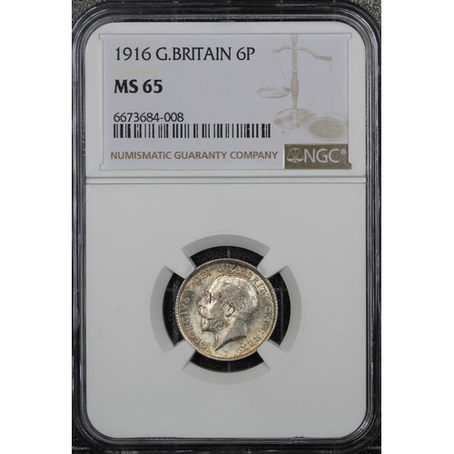 57 - 1916 Sixpence, NGC MS64, George V. Softly toned with light red hues, lustre beneath. Choice UNC. [ES... 