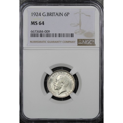 58 - 1924 Sixpence, NGC MS64, George V. Bright, lustrous and desirable at this level. Extremely well stru... 