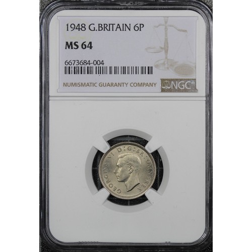 60 - 1948 Sixpence, NGC MS64, George VI. Ever more difficult to find in higher grades as so many melted o... 