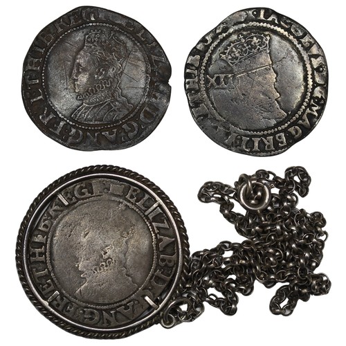 37 - Hammered shillings of Elizabeth I (2, one as loose fitting pendant) and James I. All with some notab... 