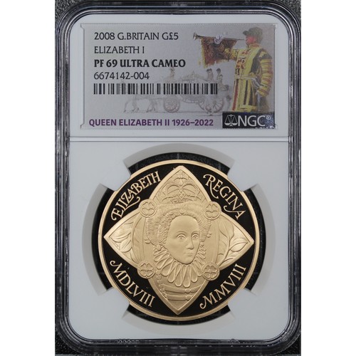 137 - NGC PF69 Ultra Cameo 2008 gold proof five pounds (£5) commemorating the 450th Anniversary of the Acc... 