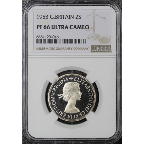 63 - 1953 Proof florin, NGC PF66 Ultra Cameo, Elizabeth II. A superb coin; Ultra Cameo examples of the Co... 