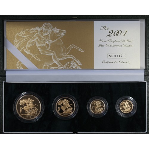 149 - 2004 4-coin gold proof sovereign set, Elizabeth II. Rev. with St. George & the Dragon, Obv. port... 