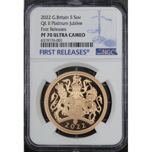 153 - NGC PF70 Ultra Cameo 2022 5-coin sovereign set, Elizabeth II. Platinum Jubilee special reverse desig... 