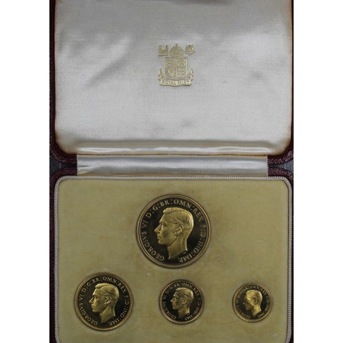 1937 Gold proof 4-coin set struck for the Coronation of George VI. The set comprises five pounds, two pounds, sovereign and half sovereign and are presented in original case of issue. Only 5001 sets were struck with many having been broken up over the years. The two pound coin with minor scratch before forehead, the sovereign with spot on cheekbone which has had an attempted removal. All exhibit light hairlines over the busts and all would benefit from some form of conservation to remove haziness in the fields. A "fresh-to-market" set not often offered in it's entirety. Generally UNC, would perhaps edge nearer to FDC without aforementioned issues. [S.PS15]