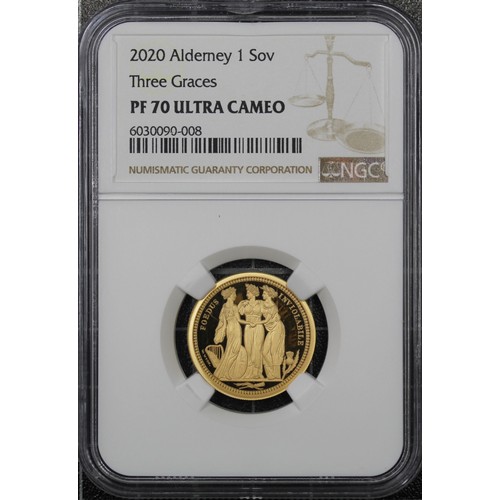 167 - NGC PF70 Ultra Cameo Alderney, 2020 Three Graces 3-coin sovereign set. Comprising sovereign, half so... 