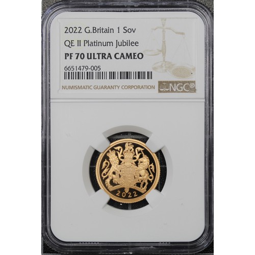 155 - NGC PF70 Ultra Cameo 2022 3-coin sovereign set, Elizabeth II. Platinum Jubilee special reverse desig... 