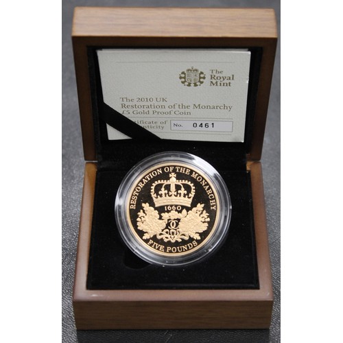 138 - 2010 Gold proof five pounds (£5) commemorating the 350th Anniversary of the Restoration of the Monar... 