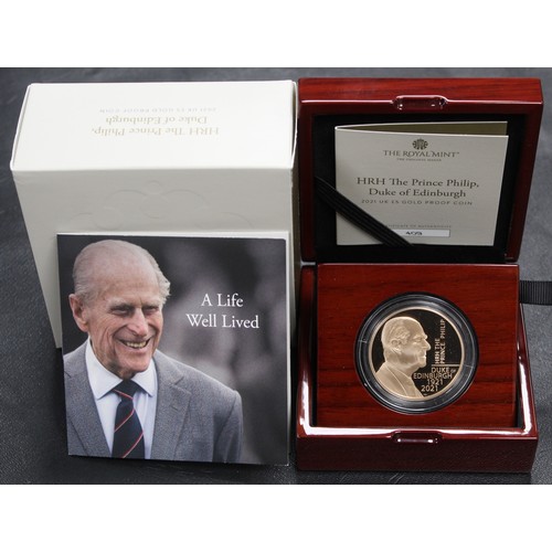 144 - 2021 Gold proof five pounds (£5) commemorating the Death of Prince Philip. Obv. fifth portrait by Jo... 