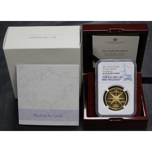 163 - NGC PF70 Ultra Cameo 2021 The Gold Standard 1oz gold proof, Elizabeth II. Reverse design by Dominiqu... 