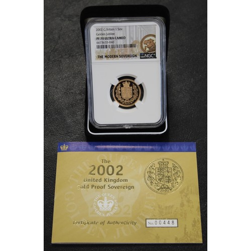 105 - NGC PF70 Ultra Cameo 2002 Proof sovereign, Elizabeth II. Obverse portrait by Ian Rank-Broadley, spec... 