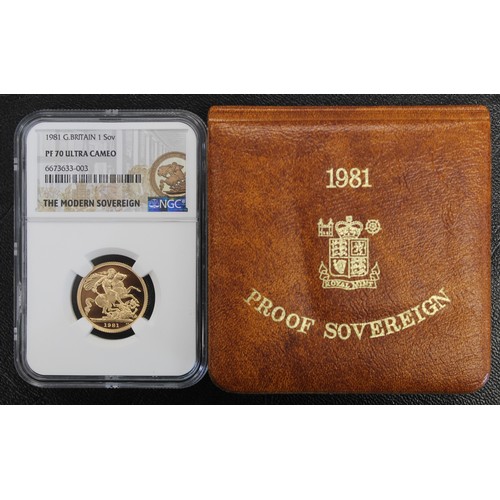 102 - NGC PF70 Ultra Cameo 1981 Proof sovereign, Elizabeth II. Obverse portrait by Arnold Machin. As struc... 