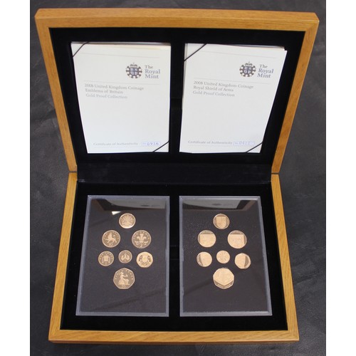 157 - 2008 Gold proof Emblems of Britain and Shield of Arms year sets in dual presentation case with infor... 