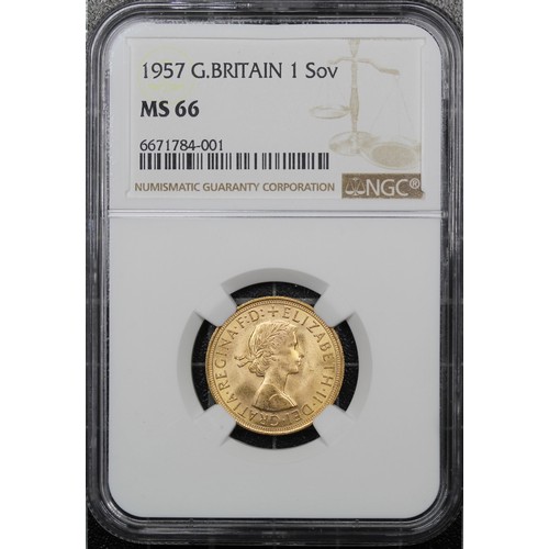 96 - Top Pop 1957 Sovereign, NGC MS66, Elizabeth II. Obverse portrait by Mary Gillick. A spectacular exam... 