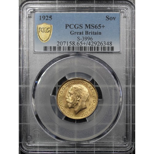 94 - 1925 Sovereign, PCGS MS65+, George V. A strong, lustrous example with only minimal contact marks. Ab... 