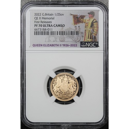 88 - NGC PF70 Ultra Cameo 2022 Proof half sovereign, Charles III. Memorial special reverse design by Jody... 