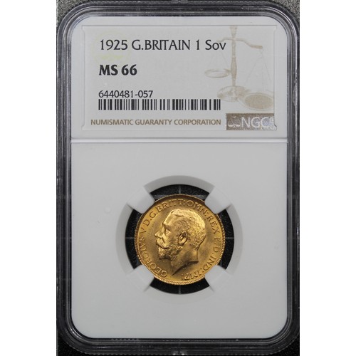 93 - 1925 Sovereign, NGC MS66, George V. A sublime example with bright lustre and lovely eye appeal. All ... 