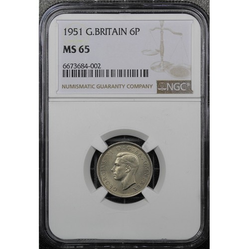 55 - Top Pop 1951 Sixpence, NGC MS65, George VI. Joint finest with just six other examples recorded at th... 