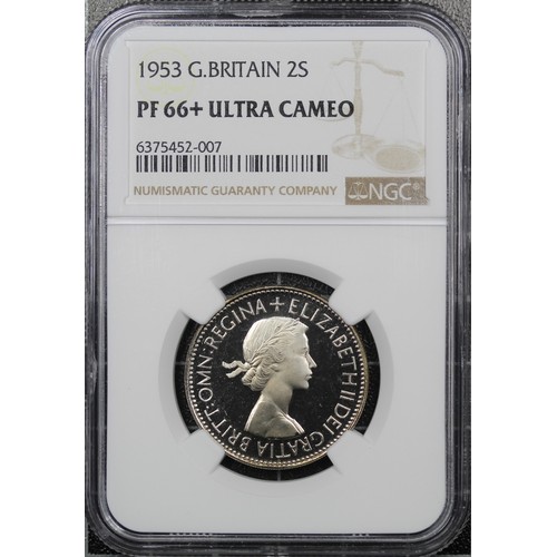 62 - 1953 Proof florin, NGC PF66+ Ultra Cameo, Elizabeth II. Ultra Cameo examples of the Coronation coina... 