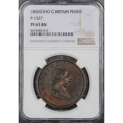 32 - 1806 Copper proof penny, NGC PF63 BN, George III. Flashy copper-red fields when tilted to the l... 