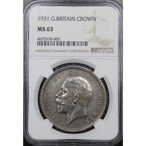 72 - 1931 Crown, NGC MS63, George V. Obv. bare head facing left, Rev. crown and date within wreath. Rich ... 