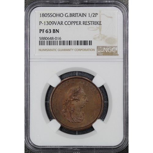 28 - 1805 Copper restrike pattern half penny, NGC PF63 BN, George III. A light toning spot by G of D.G. t... 