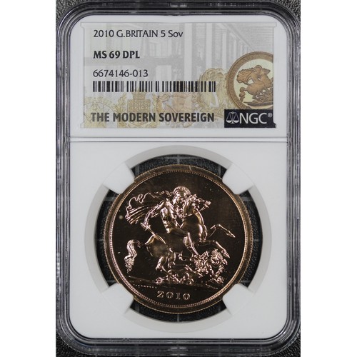 139 - 2010 5 sovereigns/five pounds, NGC MS69 DPL, Elizabeth II. Rev. St. George and dragon, Obv. fourth p... 