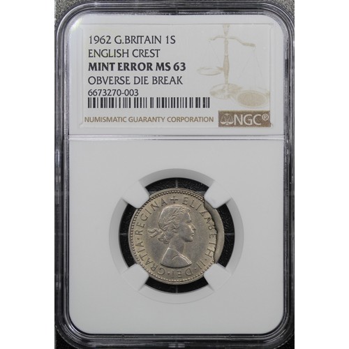 177 - 1962 Shilling, NGC Mint Error MS63, Elizabeth II. Features a spectacular die break to the obver... 