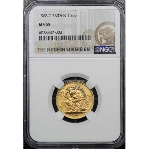 99 - 1968 Sovereign, NGC MS65, Elizabeth II. Obverse portrait by Mary Gillick. Sharp, lustrous and very d... 