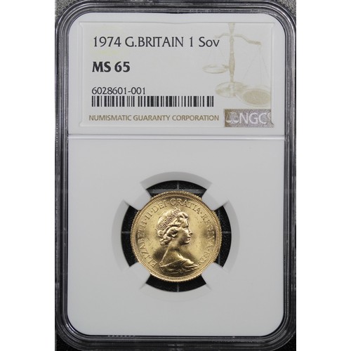 100 - 1974 Sovereign, NGC MS65, Elizabeth II. Obverse portrait by Arnold Machin. A few trivial surface mar... 