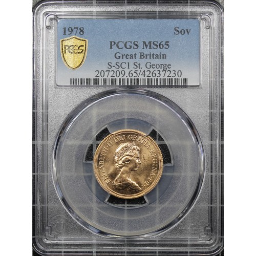 101 - 1978 Sovereign, PCGS MS65, Elizabeth II. Obverse portrait by Arnold Machin. Odd light contact mark o... 