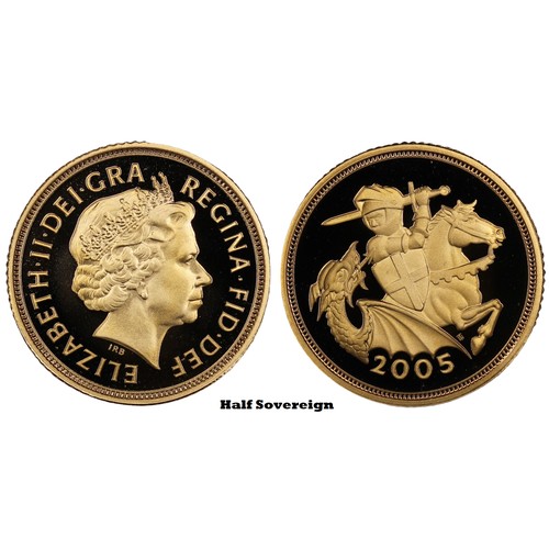 150 - 2005 4-coin gold proof sovereign set, Elizabeth II. Special reverse design with stylised St. George ... 