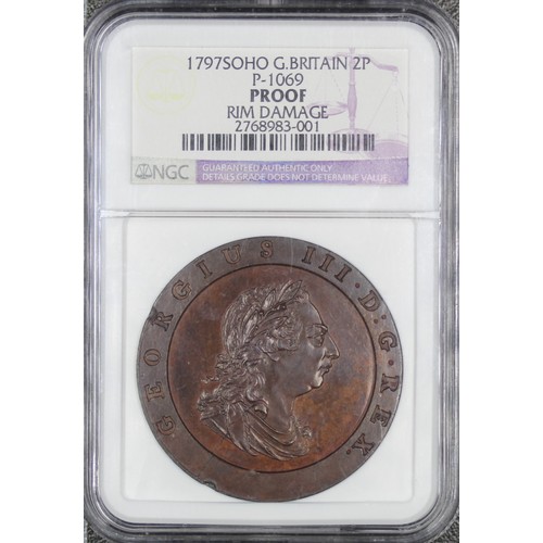 50 - 1797 Copper proof twopence, George III. Presented in a non-numeric NGC holder (rim damage). As often... 