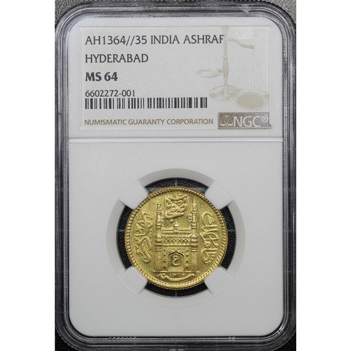 171 - India, Hyderabad, 1364//35 (1944-1945) 1 Ashraf Top Pop NGC MS64. A stunning and scarce gold coin, t... 