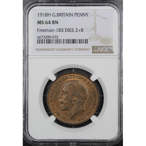 41 - 1918H Penny, NGC MS64BN, George V. Presented with the usual weakness of strike and some notable ghos... 